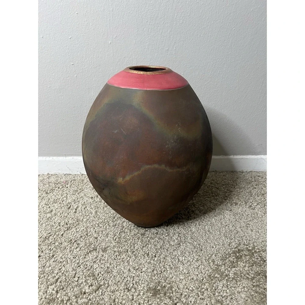 VTG. Raku Pottery Vase Signed Iridescent Earth Tone Finish 1998
